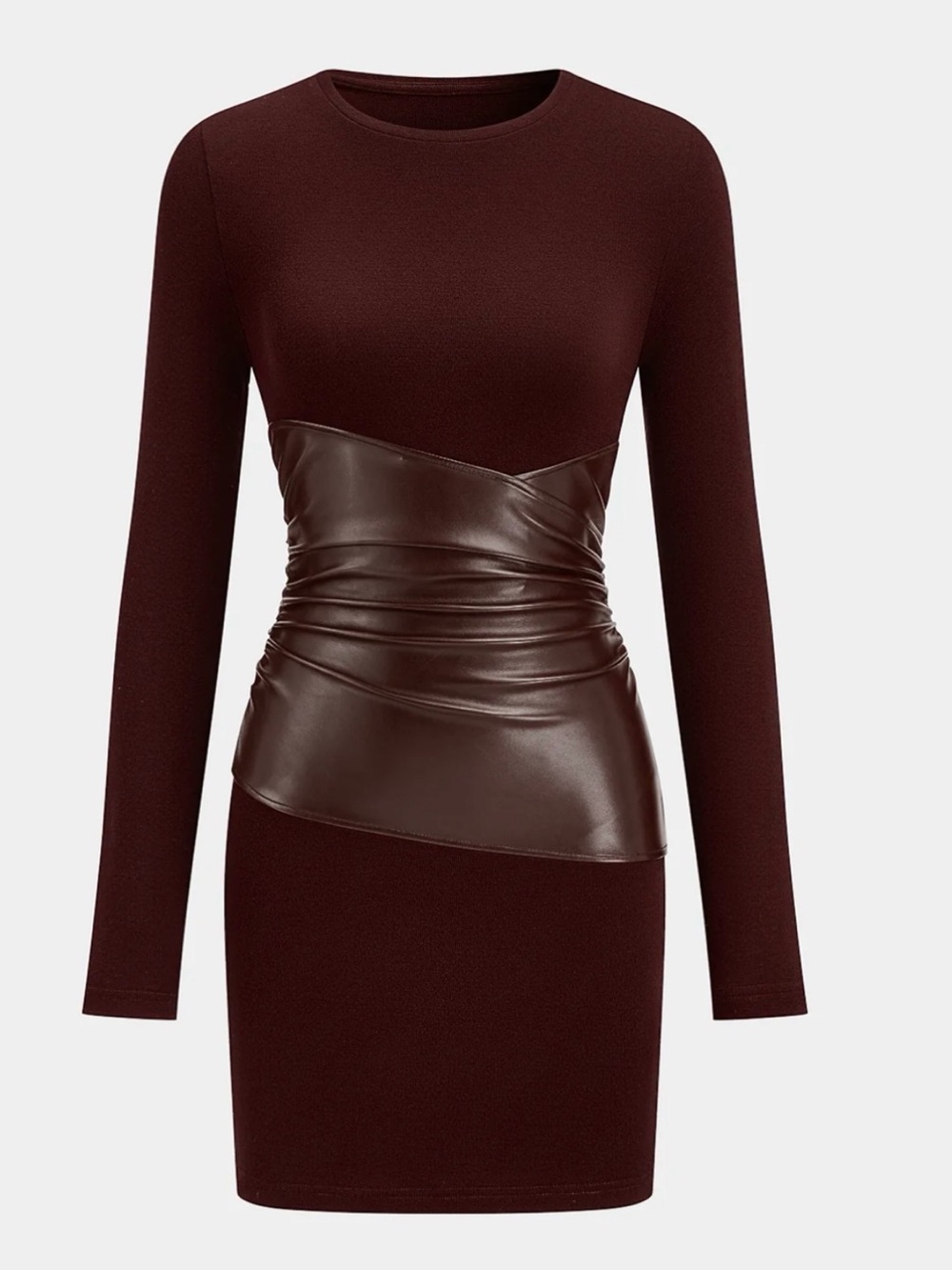 Commense Burgundy Leather Panel Long Sleeve Knit Dress